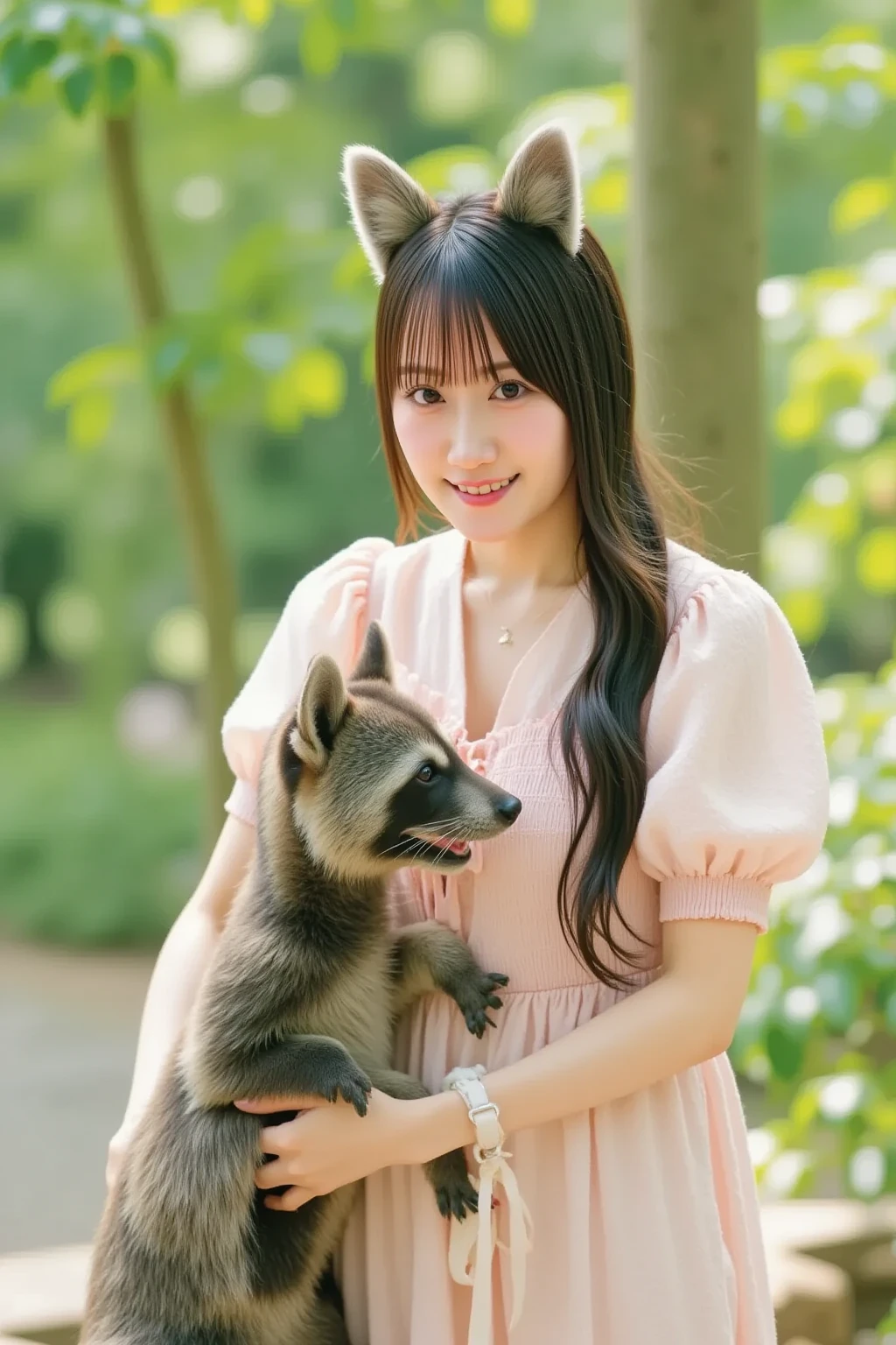 Top quality, high definition, ultra high definition, (photoreal: 1.4), baby bear, Japan woman, cute round face, smile, (bear ear hair band: 1.3), ((bear)), barbecue, ((naked apron)), riverbank