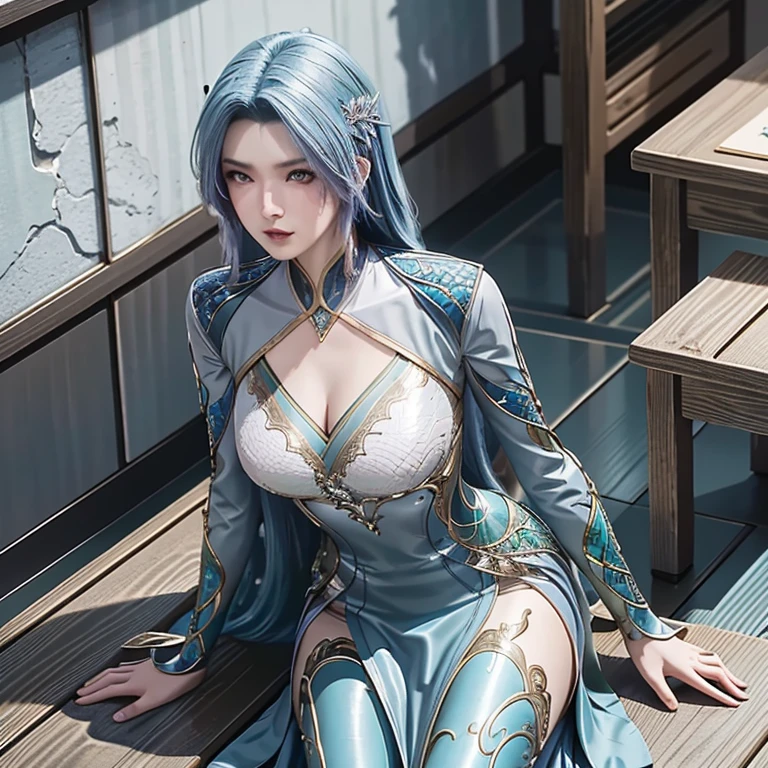 (masterpiece, best quality), (absurdres:1.2), (ultra detailed, 8K, ultra highres:1.2), chinese princess, blue hair hair, golden eyes, tight black and gold chinese dress, sleeveless, modest dressing, sexy fit