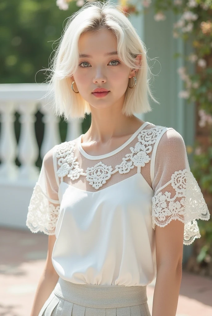 Realistic three-dimensional texture, vivid silhouette, (Shiny layered wide frill blouse, White one-piece dress with puff short sleeves), A woman with a beautiful face, with glossy pale skin and green eyes._Pink color makeup, Glossy pink lips, soft starlight, Dance with a dreamy expression as if you are dreaming. (Long blonde hair flowing down her forehead, Full head of hair, Shiny hair), Camera angle capturing the upper body above the hips, clear resolution, Clear picture quality, realistic atmosphere, Bright Themes, 초realistic atmosphere, (vivid silhouette, masterpiece, best quality), Blurry nature background.
