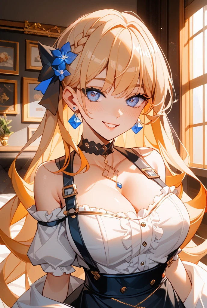 masterpeace, Best Quality, high resolucion, 1girl, hayasaka ai, 独奏, blonde hair, maiden, blue eyes, Side ponytail, hair scrunchie, hair ornament, blue scrunchie, maid headdress, top angle view, apron, Hair between the eyes, big breasts, Bikini only, Cowboy shot, a smile, open mouth, Extended language, leaning forward,