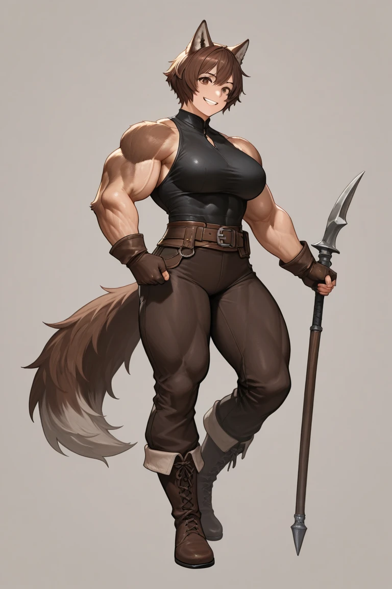Character Standing Drawing Design, A muscular werewolf woman with short, shoulder-length red hair, she has wolf ears and a wolf tail.