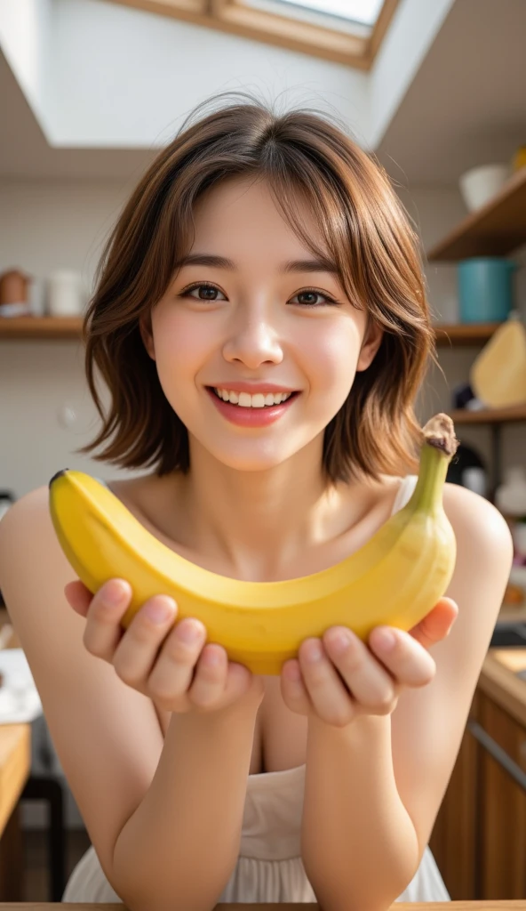 Cute Japanese 40-year-old woman、short hair、White lace underwear、Hold a banana