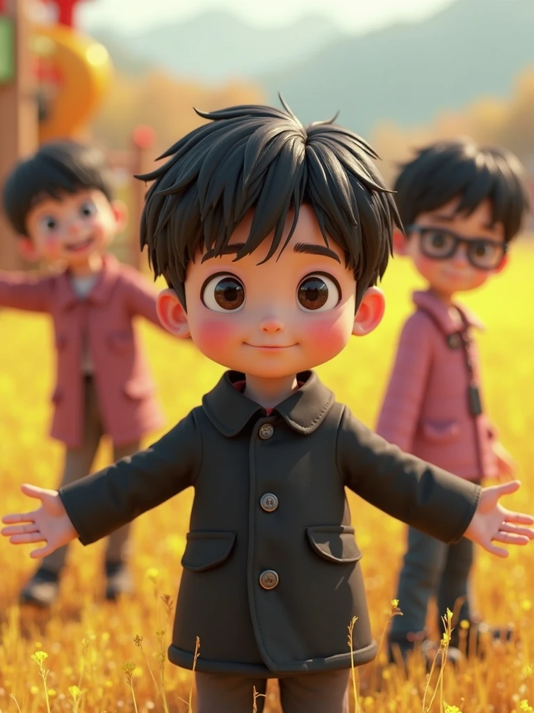 Create A 1 boy try to talking with 4 peoples who standing Infront of his , the boy opening his hands and try to explain something, background is a normal road, 8k very ultra realistic