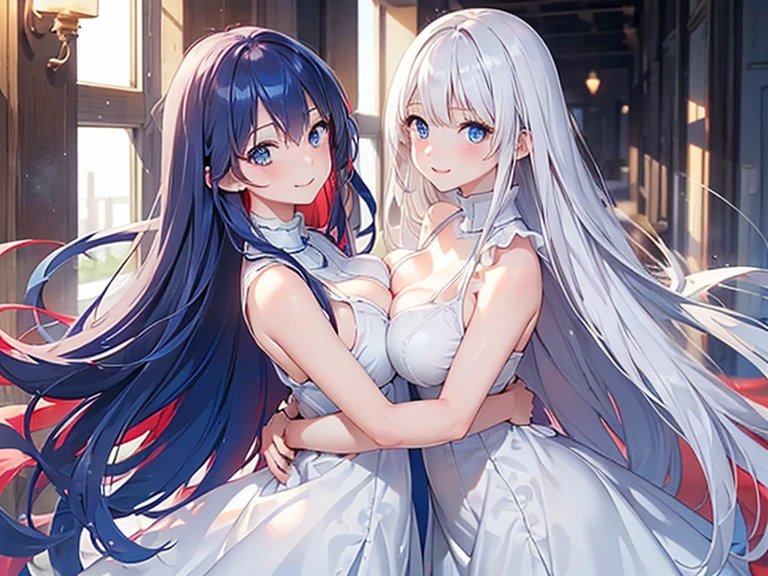 (masutepiece, Best Quality:1.2), 1 girl in、独奏、Idol、blanche、White hair、Beautiful and delicate skin、Beautiful delicate blue eyes、Cute、校服、Say everyone is cute、Redness of cheeks、Wear a beautiful and delicate uniform、She wears a beautiful red ribbon in her hair.、skirt by the、middlebreasts、Put your hands behind your back、Background with、stage、