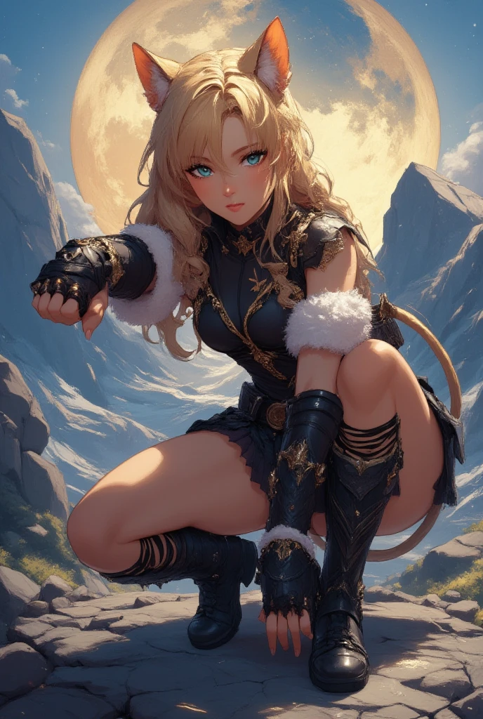 1 orc girl,Ultra-tall,The temperament of a queen,tmasterpiece,best qualityer,Hyper-detailing,Full body illustration,Fine and detailed eyes and detailed face) garments:There are animal ears,Facial expressions are abundant,The upper body is clothed,Wrap the whole body,The lower half of the body wears animal skin shorts,Wear knee-high boots,The cuff of the boot is covered with soft hair,The stands up,Go ahead,Taller than a tree,disrupt