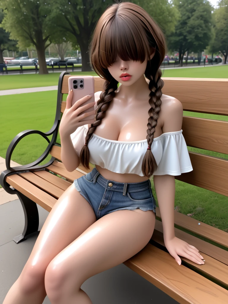(masterpiece), (highest quality), (Super detailed), Two Girls, blush, ((lift up:1.2)), Happy, View Viewer, Big Hair, Brown Hair, wood々In a park with,bench, shy ,sit on the bench, ((slender)) ,anxiety, blush, mischief,From below,The body is slim,(Shiny skin), from the front, From above,Long wet ears, ((topless:1.2))