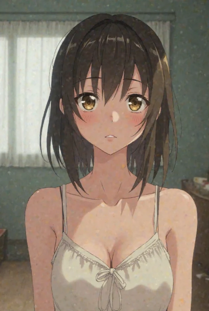 (A superb exquisite haruhi suzumiya), (haruhi suzumiya:1.5), (kyoani haruhi style Uniform:1.5), brown eyes, brown hair, natural straight hair, hairband, ribbon, straight bangs, solo, nature, extremely delicate, straight facial features, peerless beautiful girl, soft, (sensual face), ((ecchi face)), dreamy quality, exaggerated facial features, solid color, frank holly, delicate face, bright lips, slender waist, soft curves, real light and shadow, super fine, 4k, natural moving, Ultra high resolution, (masterpiece:1.2, best quality), (finely detailed beautiful eyes: 1.2), (beautiful detailed face), sexy semi-nude model, sexy pose, Ultra high definition white bra and panties, erect nipples,Medium chest, slender body, (bedroom),