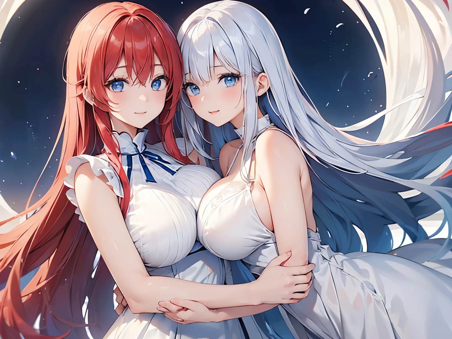 Best quality, high resolution, (perfect anatomy), 2 girls, big round anime eyes, long eyelashes, cute style, (platinum blonde, long straight hair, blue eyes, (big breasts), girl), (((red hair)), blue eyes, wavy hair, medium breasts, girl), ((white long dress)), hug, {smile}