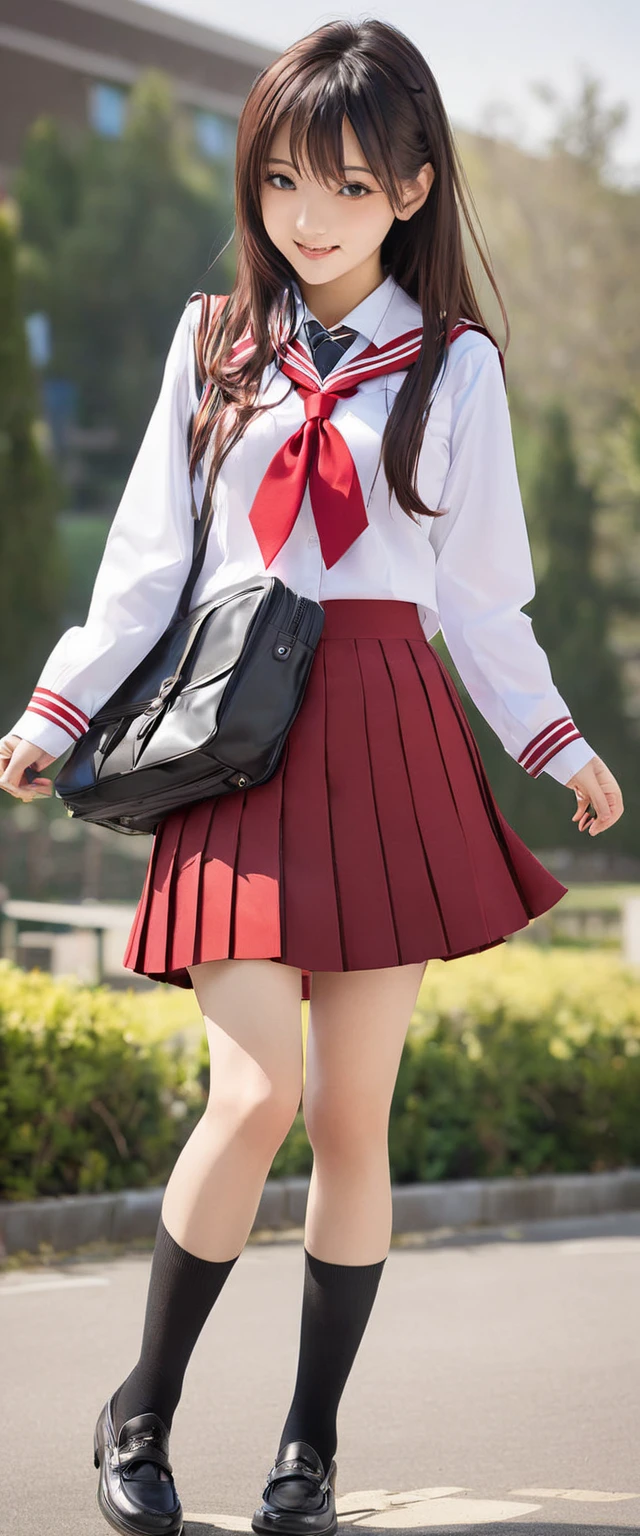 A girl with floating bangs、Red School Bag、Playing a recorder、Fluttering Skirt