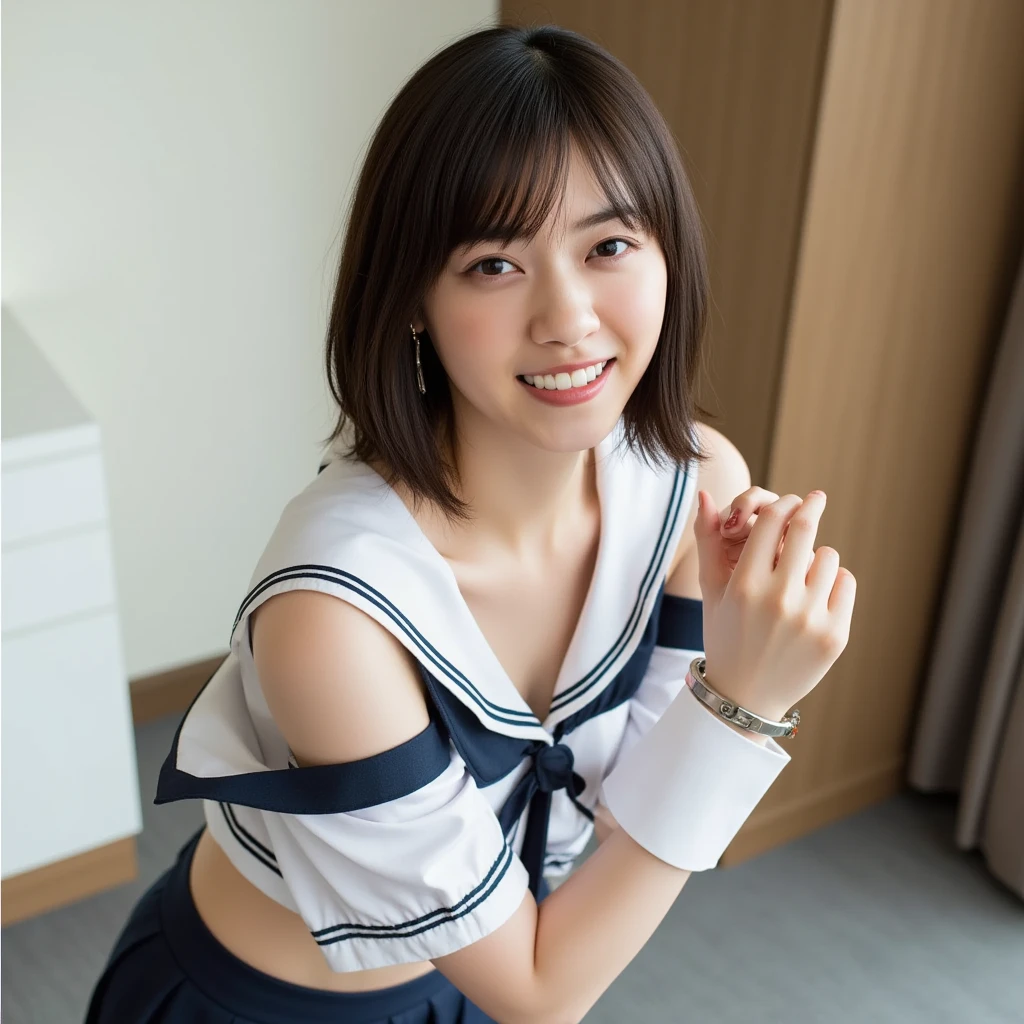 (8K、Raw photo、Highest image quality、master piece:1.2)、(real、フォトreal:1.37)、super detail、ultra high resolution、girl、1 person、Eyes that see the beholder、Beautiful face in every detail、smile、constriction、(thin waist):1.3)、Fine and beautiful skin、skin texture、fluttering hair、professional lighting、human body as a whole、Japanese high school uniform、High School Sailor Uniform、cleavage、children&#39;s room、bed、No makeup、shortcut、twin tail hairstyle、F cup、幸せそうなsmile、16 years old、おNavel exposed、Navel exposed、Pose that emphasizes the chest、chest、big breasts