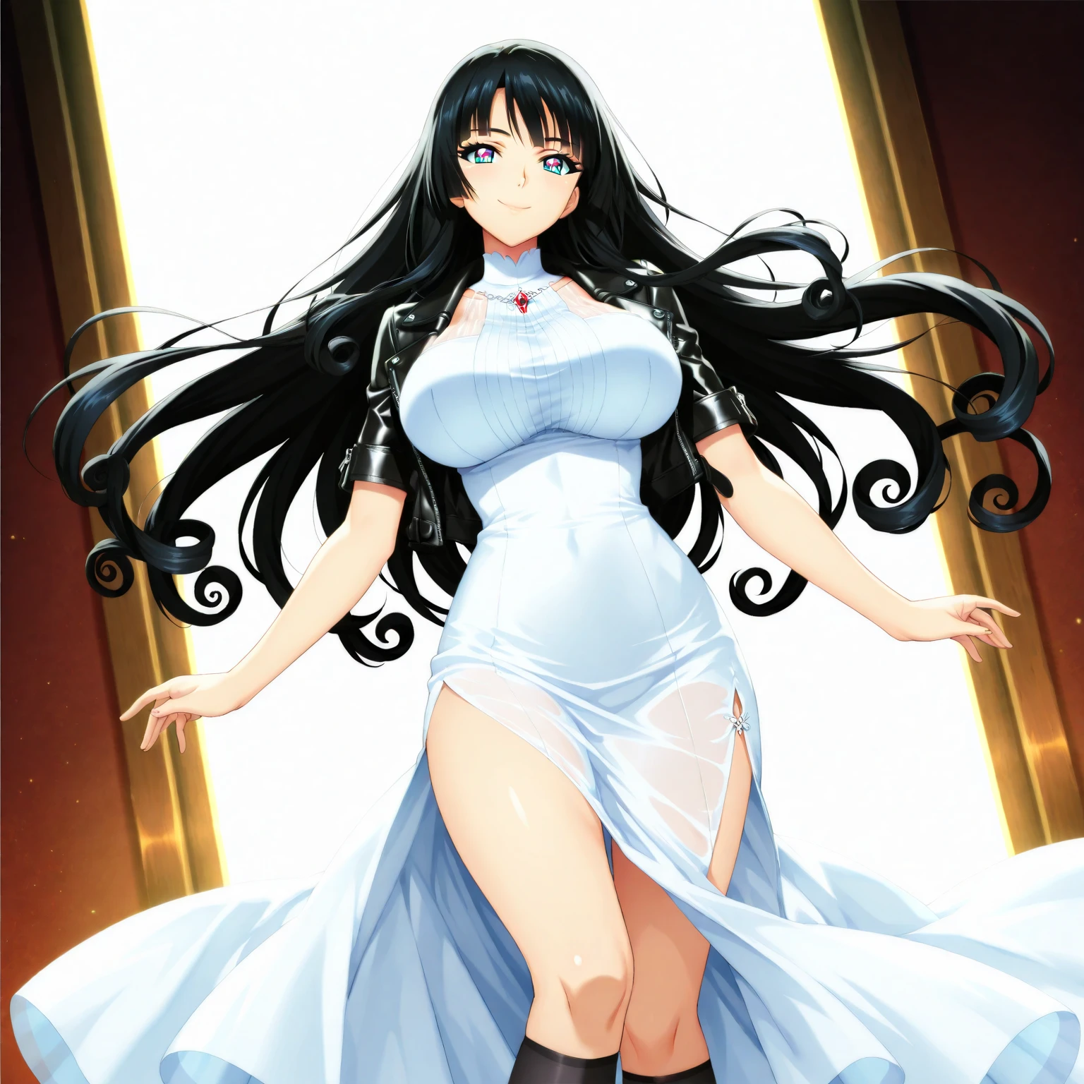 Hime cut black long hair、Full body illustration of a girl with straight bangs and blue eyes。She is wearing a white bikini、Large breasts。She is smiling and making a peace sign with both hands.。