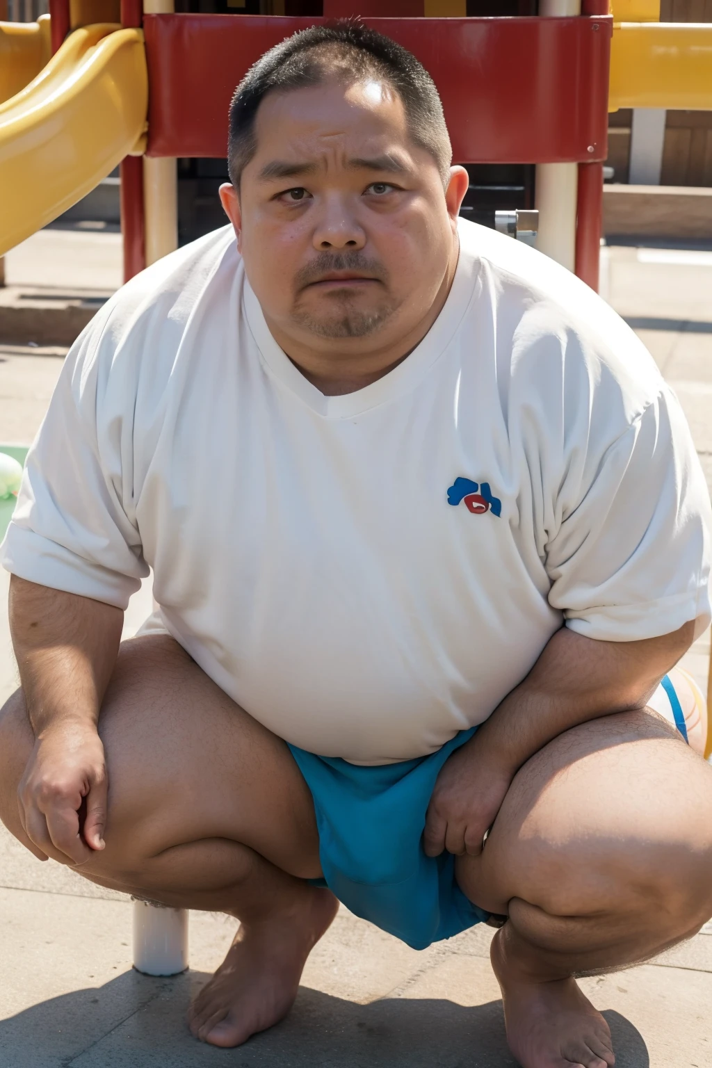 ((highest quality)), ((masterpiece)), (detailed), (Perfect Face), 4k, Shaved head, Young Japanese, Muscular, Fat body, Very big man, smile, white small swimsuit, Well-groomed fat face, naked, have power, Sitting with legs spread very wide, Highlights very thick thighs, Raising his armanly chest, topless, Pink nipples, Thick arms, Thick neck, Emphasizes a very large swimsuit bulge, Pale skin, Emphasize the lower body, Front facing shot, Very thick thighs, round face, plump, fat, Raise your thighs high, Forehead is narrow, male eye