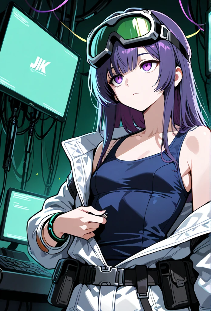 "A solo shot featuring hinata\(shippuden\)
hooded jacket headband around neck,konohagakure symbol a DJ, showcasing her skills on the turntables at a vibrant rave."