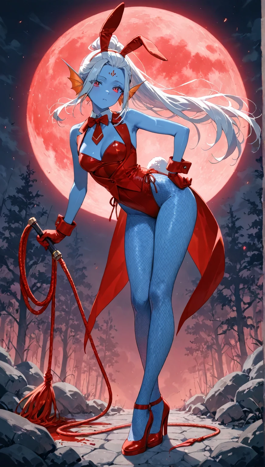 A moon elf greatly resembling Paris Hilton (age 25, blue skin, violet eyes, silver hair, sheer spider silk lingerie, silver body jewelry) is walking through a spider infested haunted woods, webs obscure the moon and carpet the ground. Immense webs and spiders in the tree tops.