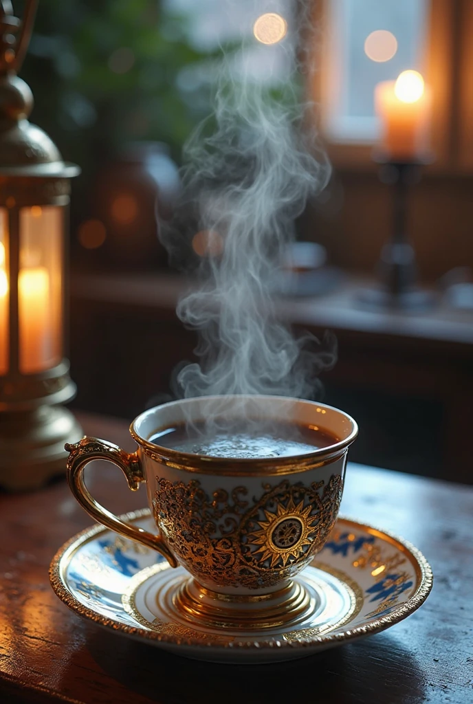 a cup of hot tea,steam rising from the cup,delicate ceramic teacup,beautifully detailed tea leaves,fragrant tea aroma,(best quality,highres,masterpiece:1.2),vibrant colors,soft lighting,warm and cozy atmosphere,relaxing ambience
