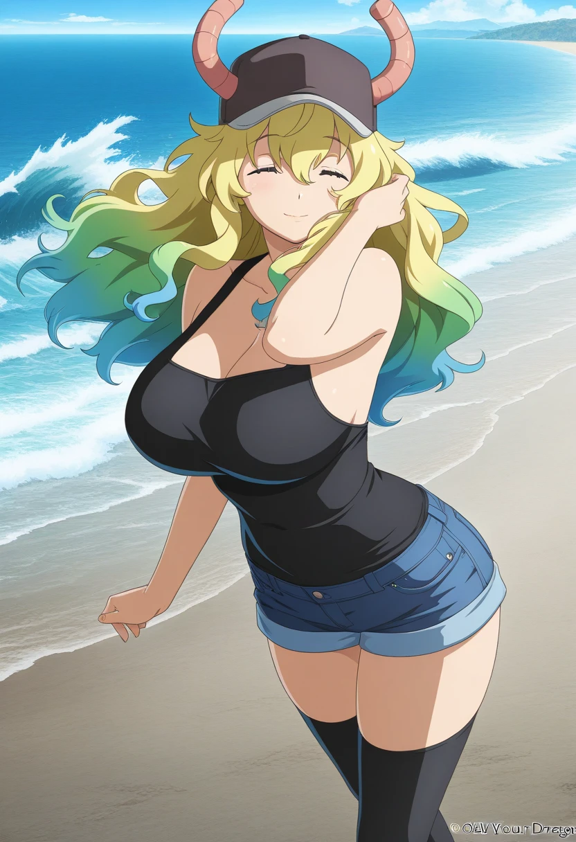 anime art style, 2d, masterpiece, best quality, very aesthetic, absurdres, dynamic shadows, atmosferic, lucoa_md, (1girl), (blonde hair), long hair, (gradient hair), green hair, blue hair, ((closed eyes)), ahoge, hair between eyes, bangs, big breasts, cleavage, curvy body, collarbone, makeup, sexy, ((horns)), ((hat)), ((pink baseball cap)), white bikini, micro bikini, o-ring bikini, bare feet, sexy smile, (cowboy shot), squatting, from back, beach, clouds, sky, looking at viewer