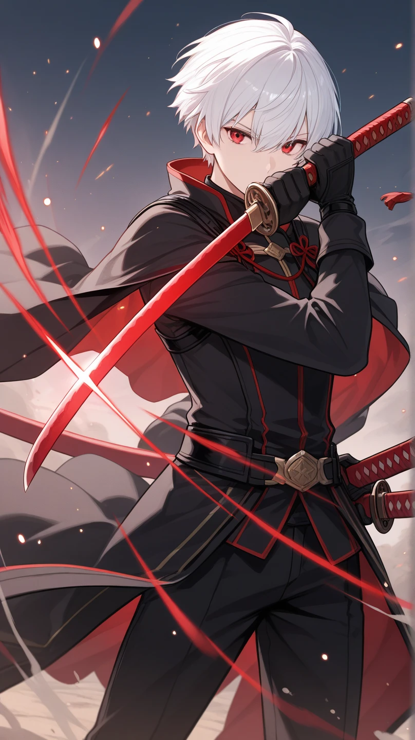 Cyber female vampire,long black hair, holding a sword, white background, wearing a red robe