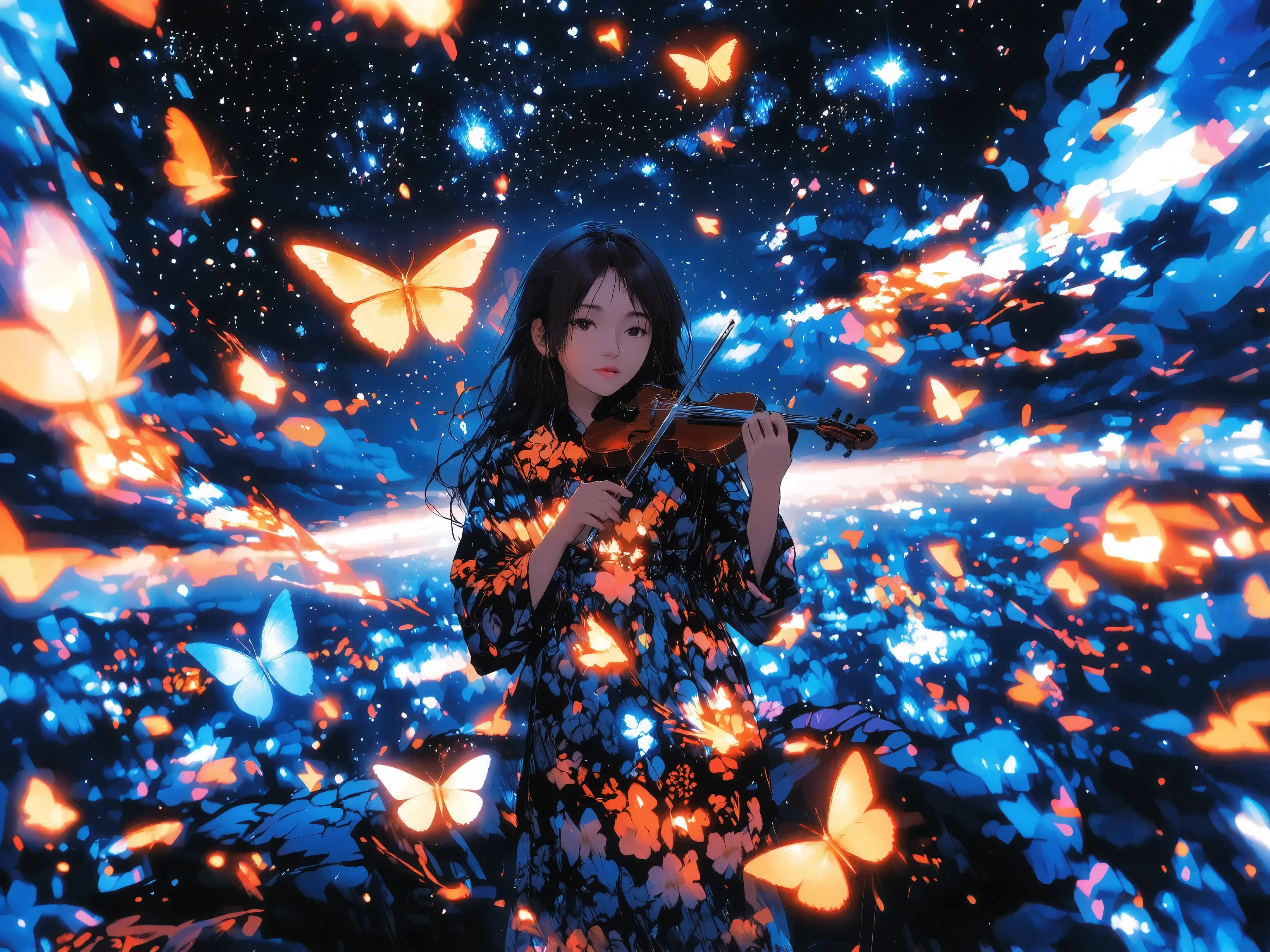 A girl in a floral-patterned kimono plays a violin on a cliff beneath a starry sky, her full figure shown in a close-up, surrounded by a breathtaking dance of light. As her bow glides over the strings, radiant butterflies and feathers made entirely of glowing light emerge from the air, swirling and fluttering in sync with her music. Each note summons a pulse of luminescence, creating trails of motion that float through the misty night. Her kimono moves softly in the breeze, blending with the luminous forms around her. The scene captures the magic of sound turned visible, evoking a deeply emotional and surreal moment. Dreamy lighting, glowing particles, magical realism, high detail, Makoto Shinkai inspired, poetic atmosphere, fantasy anime style.