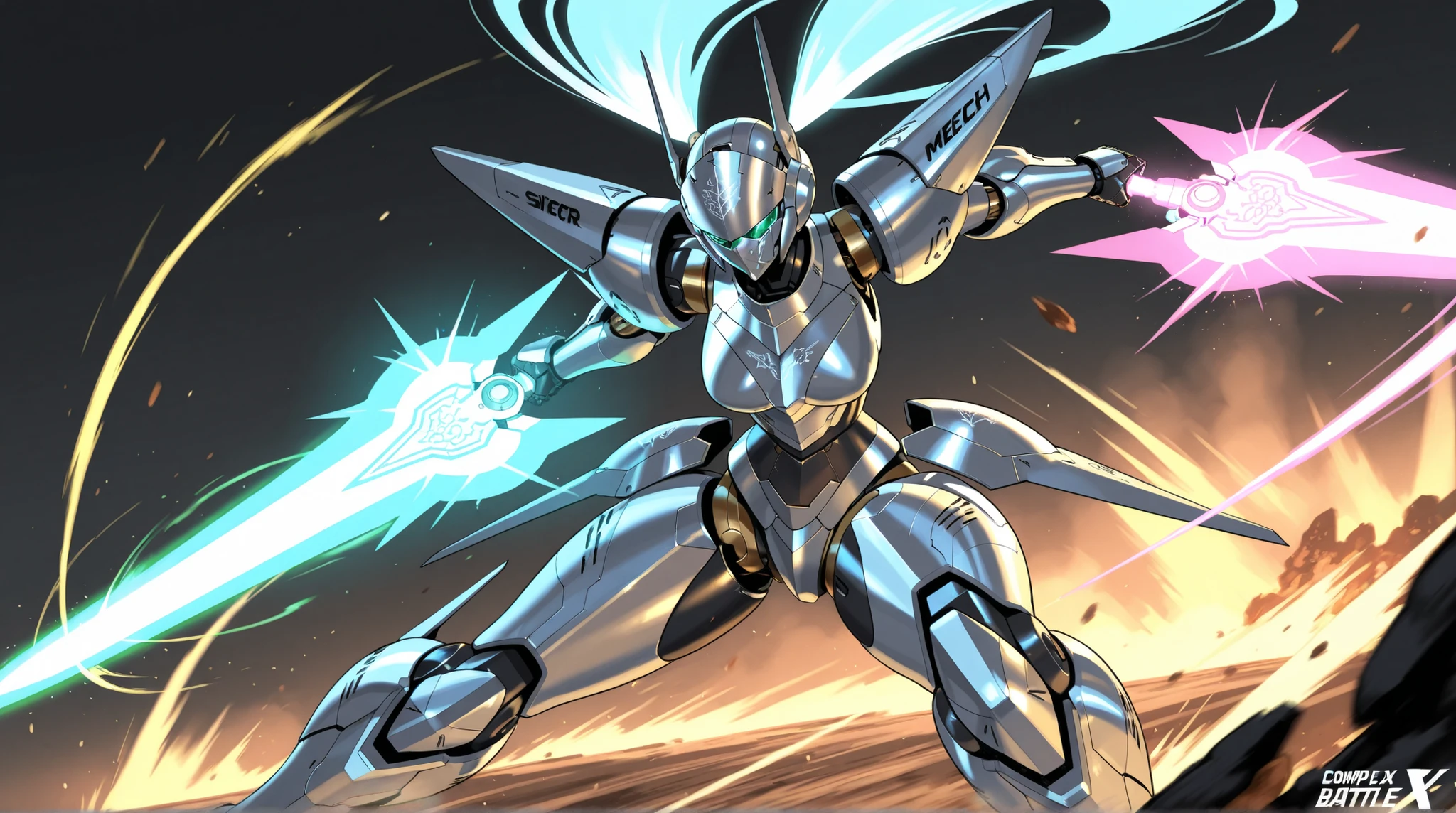 Female Robot, Sleek Mecha Mask, Mecha Knight Armor, complex engraving, Energy Blade, dynamic pose, A fierce battle