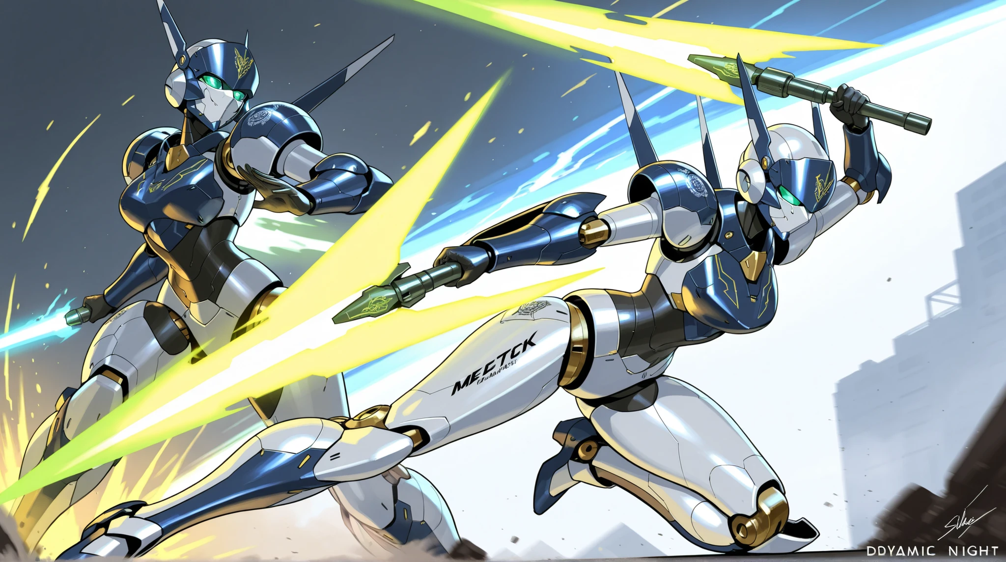 Female Robot, Sleek Mecha Mask, Mecha Knight Armor, complex engraving, Energy Blade, dynamic pose, A fierce battle