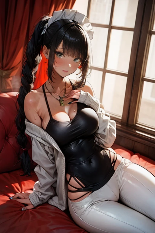 highest quality、complete limbs、Refers to the whole、1 beautiful woman、beautiful big breasted woman:1.3、((black haired woman))、straight hair woman、(((Woman wearing black high neck sleeveless leotard with zipper:1.3)))、sexy pose、(((woman wearing brown pantyhose:1.3)))、living、A woman lying on the sofa seat with her head on the armrest、shy face
