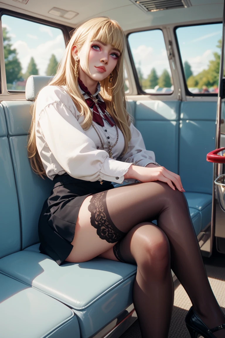 1girl in, Blonde hair, Bangs, Long hair, Straight hair, PUPILS SPARKLING, longeyelashes, makeup, Bright pupils,(blue eyess) lightsmile, depth of fields, One-person viewpoint, From below, wide angles, F/1.8, 135 mm, canon, nffsw, retinas, masutepiece, ccurate, Anatomically correct, Textured skin, Super Detail, high details, High quality, hight resolution, 1080p, hard disk, 4K, 8K(woman sitting on an airplane seat）、((Beautiful flight attendants))，Super beautiful，perfect bodies，(Beautiful with great care),((Cabin attendant attire))，gently smiling，(Stockings，high-heels)，fully body photo,（lift up skirt）、(White lace panties are visible),((Open legs)),((,Eyes closed)),