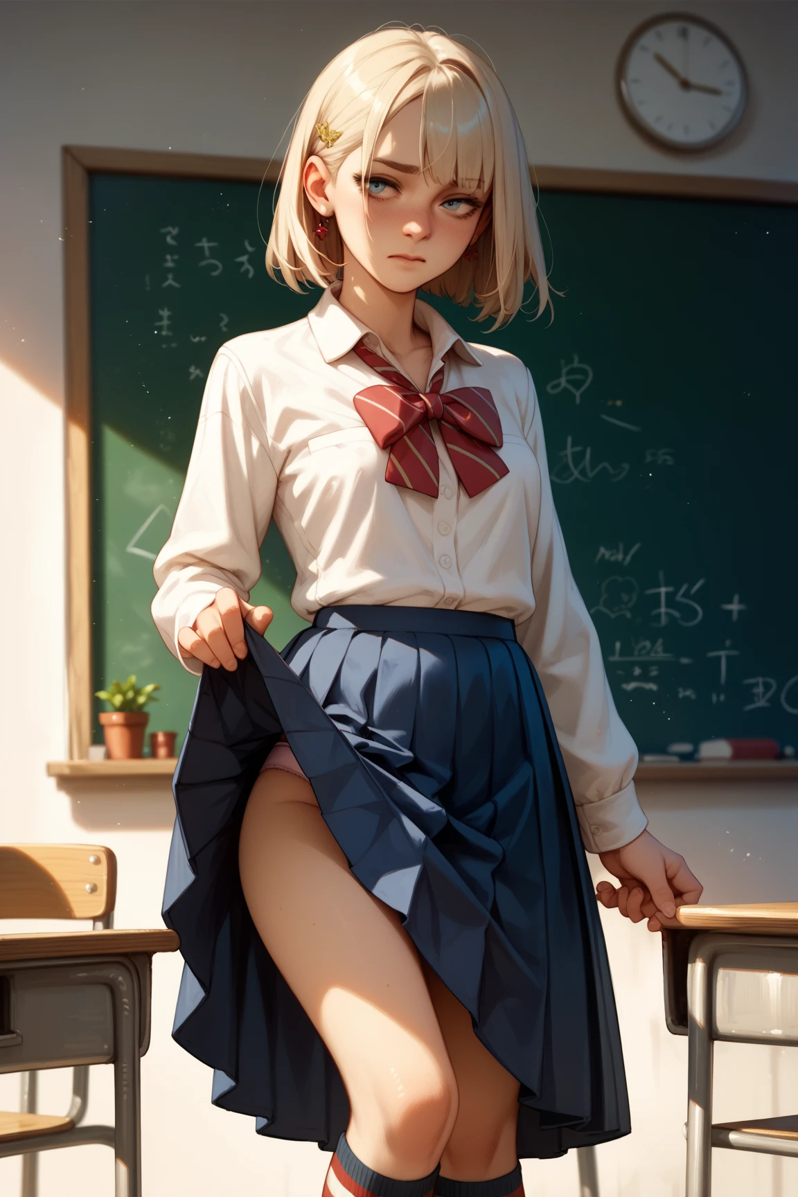 ((table top, highest quality, High resolution, nffsw, perfect pixel, 4k, nfsw, nfsw))), 1 girl, single, alone, beautiful woman、I could see the whole body、 ((short wavy hair, bangs, brown hair)), ((brown eyes, beautiful eyelashes, realistic eyes)), ((detailed face, blush:1.2)), ((smooth texture:0.75, realistic texture:0.65, realistic:1.1, Anime CG style)), medium breasts, dynamic angle, perfect body, ((school uniform, white shirt, black skirt, unbuttoned shirt、plaid skirt、white socks)), classroom without people、sit at desk, evening、Very embarrassing , panic smile、(lift the skirt with your right hand、open your legs、open your knees wide、puusy show, pussy line, pussy), (pink lace bra)、angle from below, masturbation, 