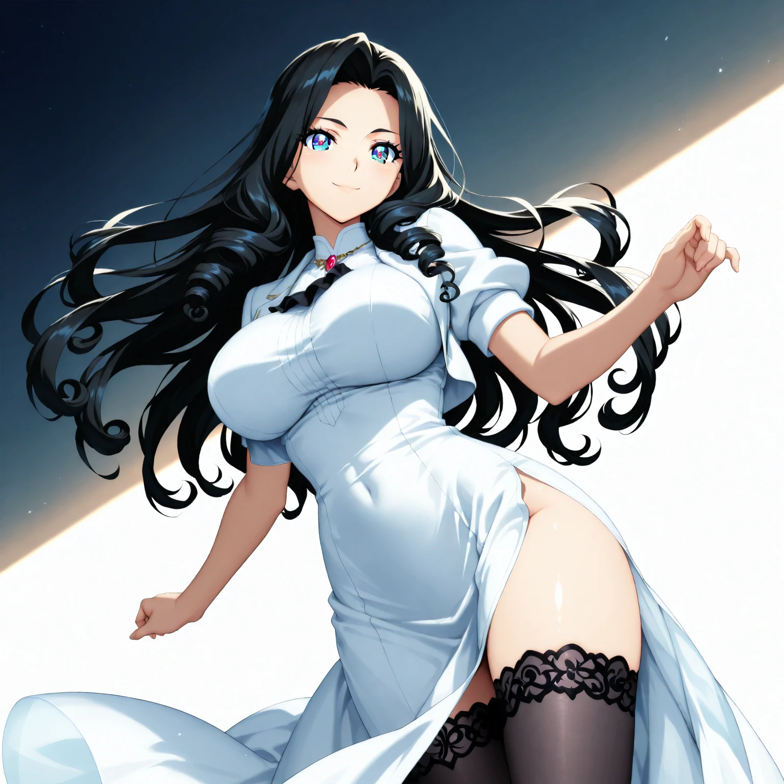 (((I want a woman with dark skin, curly black hair, detailed green eyes, voluminous body and big breasts, wearing a short white dress, and a pretty smile)))