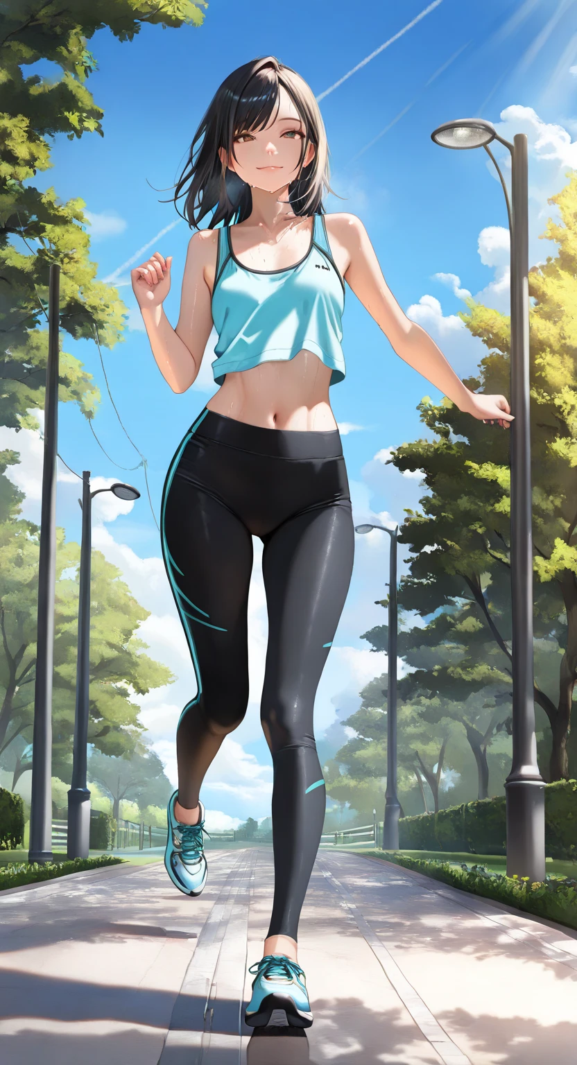 (1 girl), (aqua), (Edward Hopper:1.2), detailed cityscape, detailed background, (causal sportwear), (8k wallpaper), (best quality), (masterpiece), HDR, detailed modern town, sporty, cleavage, modern street, (wet floor:0.9), garden, (detailed eyes), plant, refraction, (glossy:1.2), (reflective:1.2), fluttered hair, lens flare, raytracing, steam, depth of field, summertime, (nsfw:1), standing pose, street view, (running), far shot, (sweating:1)