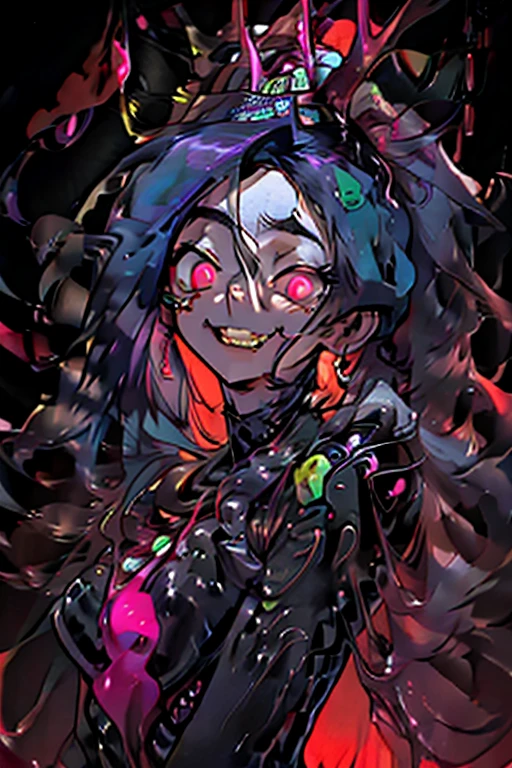 (Screen print:1.3) from below, dramatic, psychophonky, psychotic, crazy smile, glowing eyes, fangs, tongue sticking out constricted pupils, small pupils