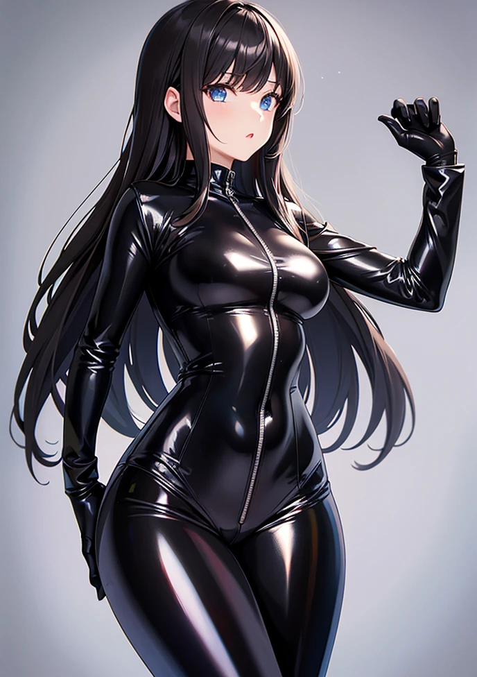 (masterpiece), best quality, expressive eye, perfect face, mature female, medium breasts, , long hair, (hair over one eye), very long hair, straight hair, black hair BREAK yellow eye BREAK sand, canyon, rocks, latex bodysuit, shiny suit, purple suit BREAK standing, embarrased, blush, angry, >:(, looking at viewer, day sky