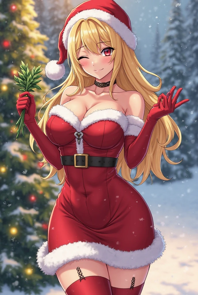 mujer rubia , pelo largo rubio , rubia , cuerpo completo , grandes tetas, gran trasero, voluptuoso, piernas abiertas , pose sexy , escote , Christmas hat , Christmas Clothes, nieve , christmas red lingerie