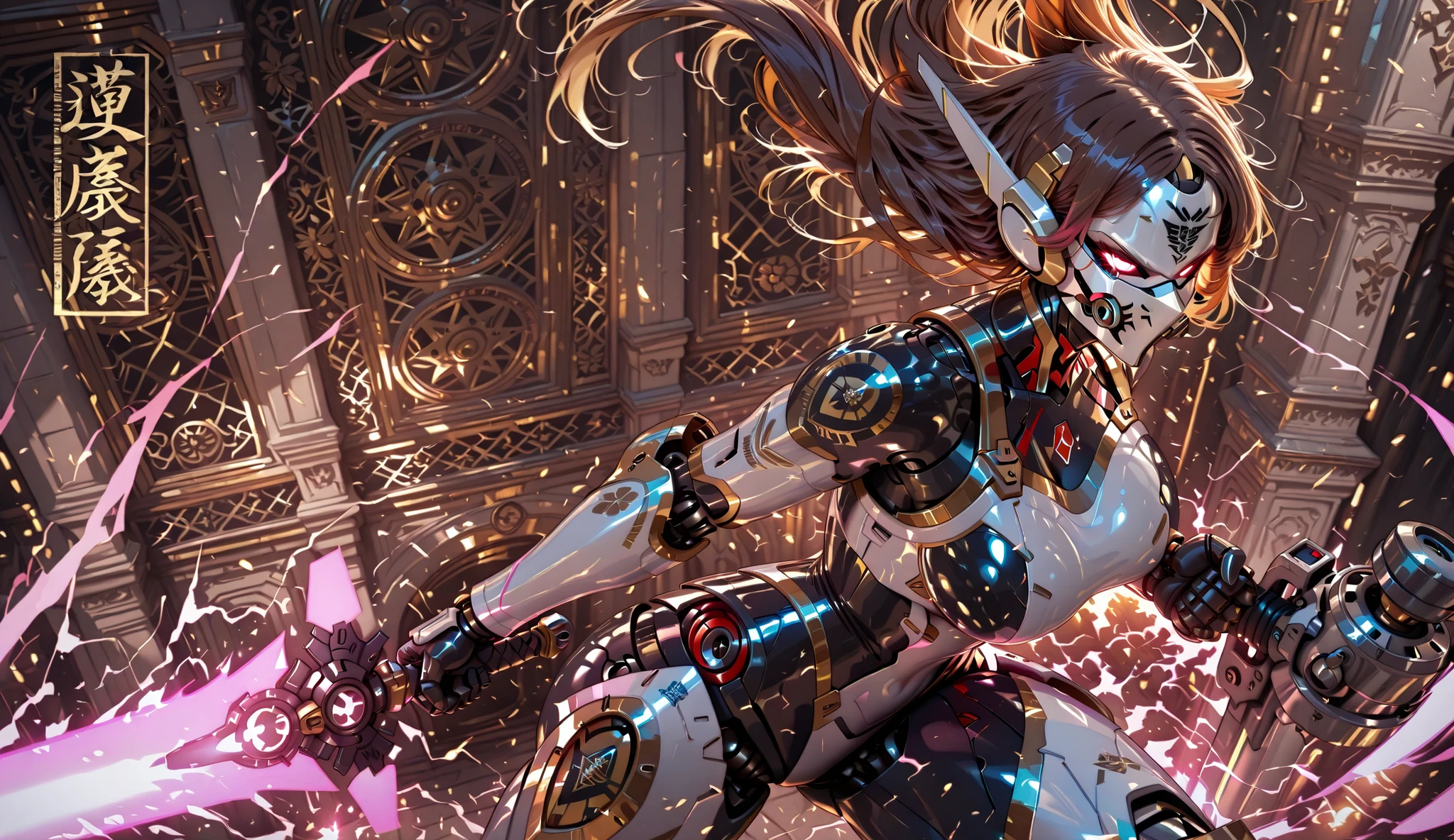 Female Robot, Sleek Mecha Mask, Mecha Knight Armor, complex engraving, Energy Blade, dynamic pose, A fierce battle