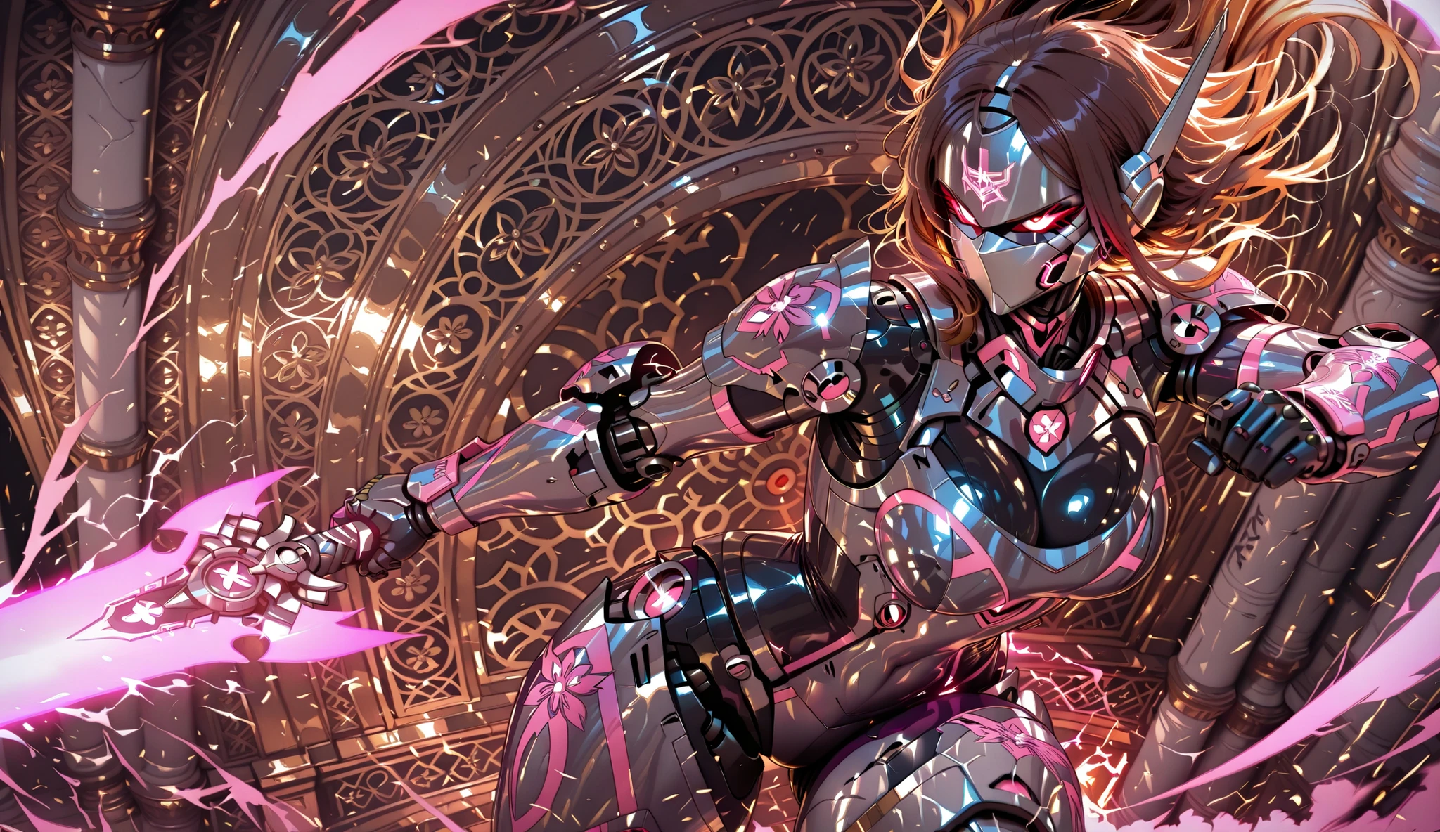 Female Robot, Sleek Mecha Mask, Mecha Knight Armor, complex engraving, Energy Blade, dynamic pose, A fierce battle