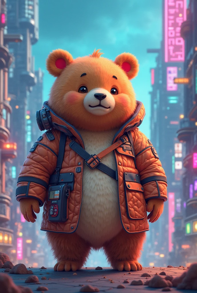  (Winne the pooh) walking through a dystopian cyberpunk city from Blade Runner, neon city, wearing a jacket