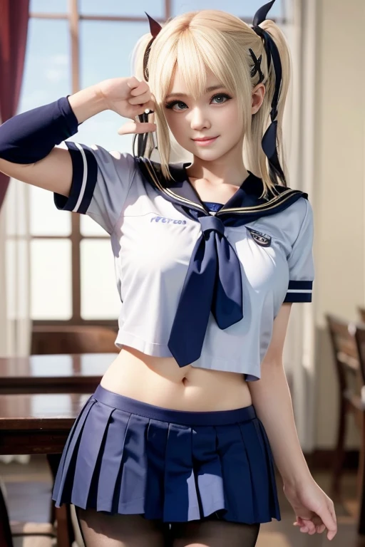 8K, Best Quality, Masterpiece, Ultra High Resolution, (Realism: 1.4), Original Photo, (Realistic Skin Texture: 1.3), (Film Grain: 1.3), (Selfie Angle), 1 Girl, Beautiful Eyes and Face Details, Masterpiece, Best Quality, Close-up, full body, Looking at the Viewer, sexy underwear, no bra, lewd, school girl, sailor uniform, classroom, long legs, tall, pale skin, blonde hair, white skin, reveal uniform, reveal clothes, reveal underwear, expose clothes, expose underwear, expose uniform