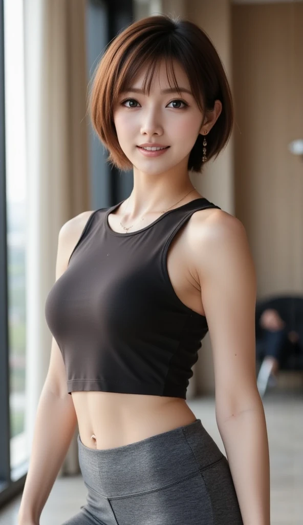 ((Highest quality, 8K, masterpiece :1.3)), Sharp focus :1.2, Beautiful woman with perfect figure :1.4, Slim Abs :1.2, ((Layered Haircut, Big Breasts :1.2)), (Tank top shirt :1.1), (street :1.2), Highly detailed face and skin texture, Fine grain, double eyelid