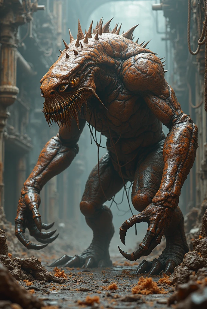 Create a terrifying image of Kisei Mugen, a parasitic yokai with a twisted mass of tentacles and eyes. Its body is a fusion of mechanical parts and organic tissue, reflecting HR Giger's biomechanical style. The setting should be a dark, decaying temple or a shadowy, industrial ruin, highlighting its parasitic and invasive nature.