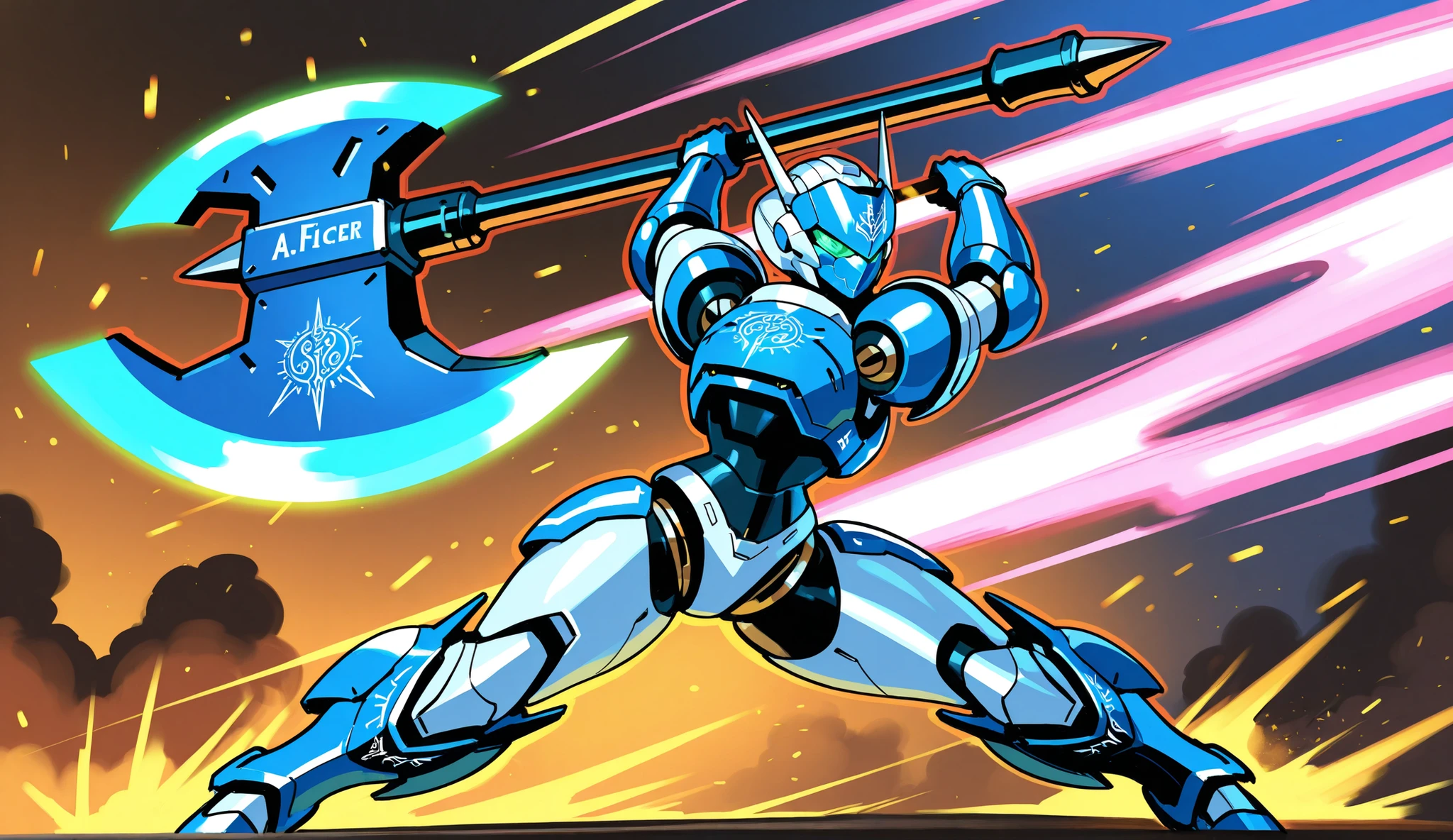 Female Robot, Sleek Mecha Mask, Mecha Knight Armor, complex engraving, Energy Big Axe, dynamic pose, A fierce battle