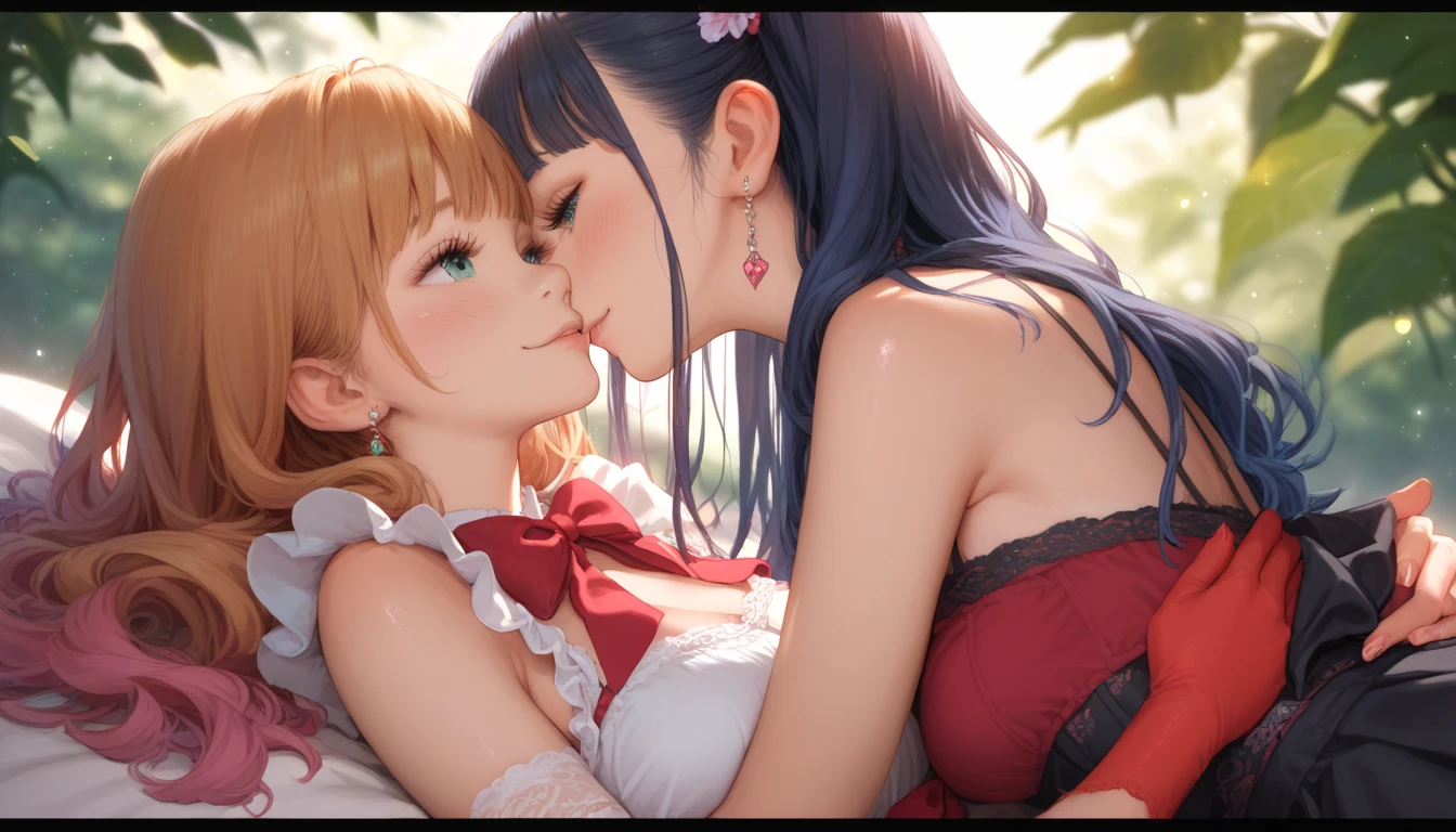 (masterpiece, best quality), 2girls, kissing, kiss, yuri, hugging each other, (upper body:1.3), closed eyes, (naked:1.2), standing, window, cherry blossoms background, sakura, windy, blush, embarrassed, BREAK kujousaradef, kujousararnd, BREAK raidenshogundef, raidenshogunrnd,