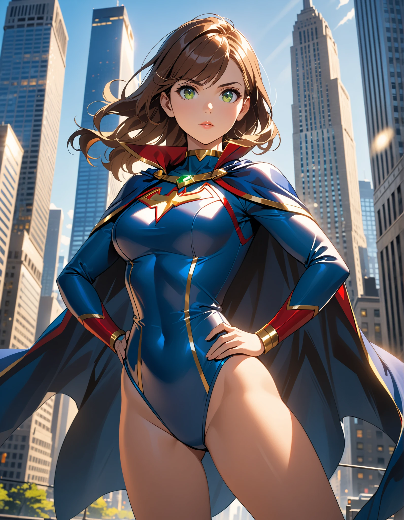 masterpiece, best quality, highres, 1girl, solo, superhero, leotard, bare legs, boots, matching boots, aura, blue aura, sleeveless, gloves, bracelets, matching gloves, looking at viewer, light particles, city backdrop, perfect hands, perfect eyes, powering up, perfect leotard, captain planet,
