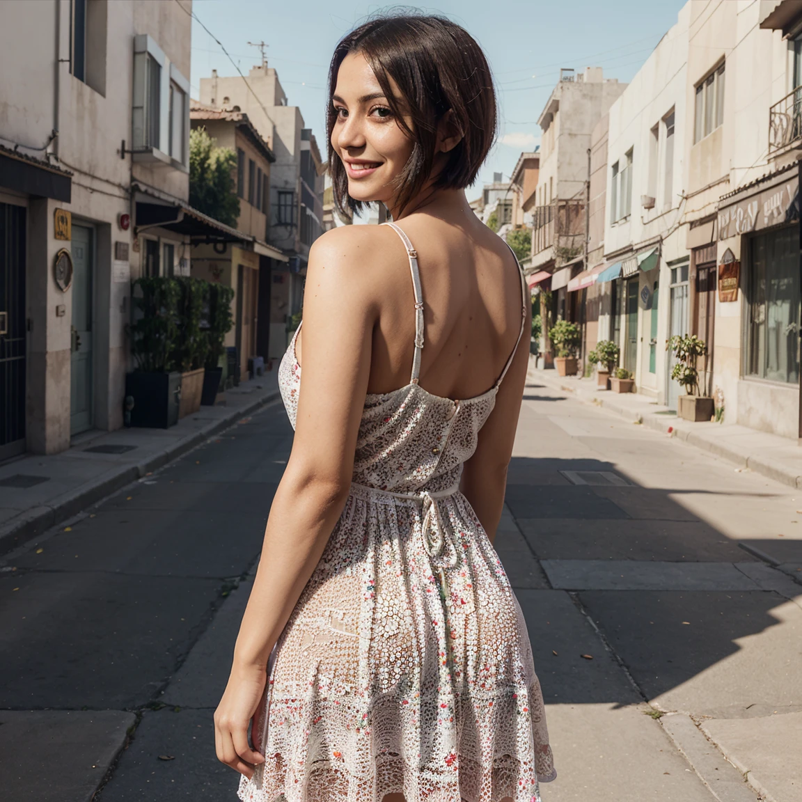 ((best quality)), ((Meisterwerk)), (detailliert), perfektes Gesicht, blaue haare, brunette , medium length stylish wavy voluminous hairs ,Beautiful eyes, cheerful vibes,40k, Fotografie, ultradetailliertes Gesicht, wearing a stylish colorful dress with no logo, 27 Jahre alt,full body capture, doing shopping, dubai mall & burjh khalifa background , smiling