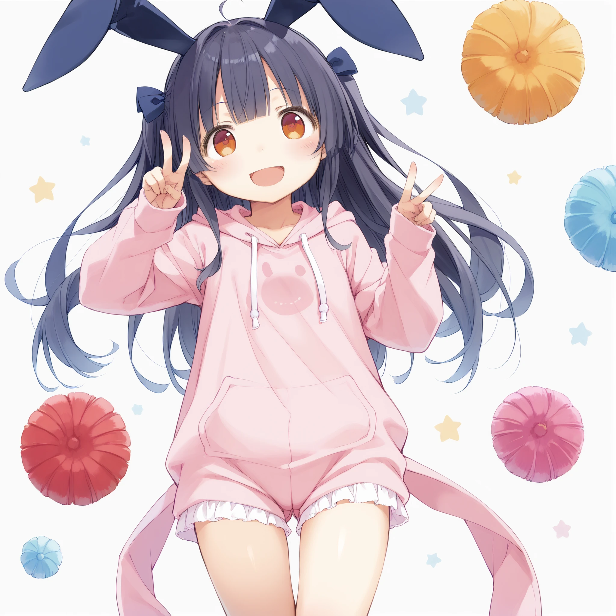 (masterpiece、best quality、Super Detail、8k、4k、pajama hoodie、absurd:1.4)、( lori、small、super cute cute:1.afety、girl in black、double v-shaped eyes、stupid hair、 amber eyes、( Gold:1.1)、long hair、two side up、hair bow、rabbit ears、Rabbit's Tail、open your mouth、smile、 Paper blowing snow、sunburst background (Red and white)、raise one leg