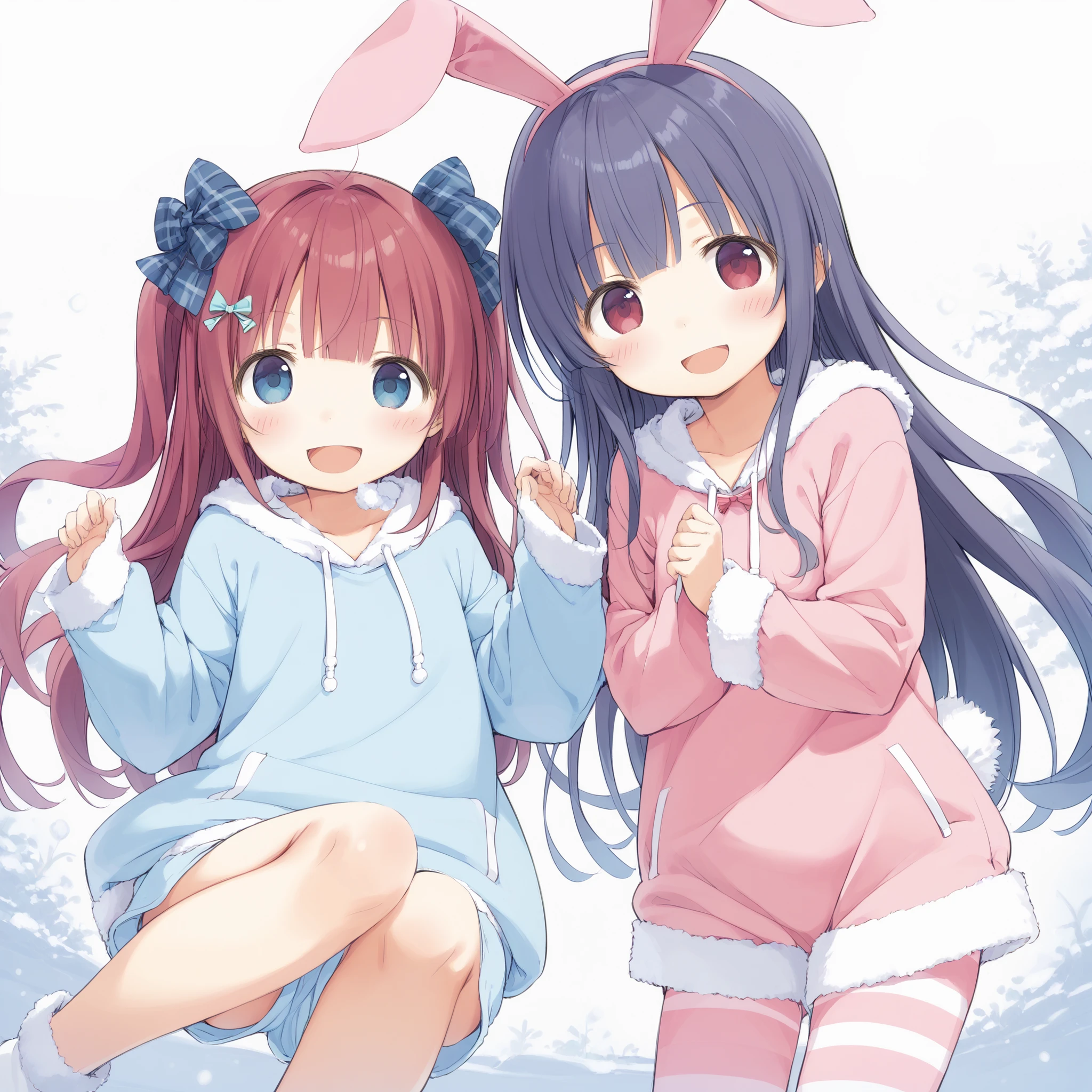 (masterpiece、best quality、Super Detail、8k、4k、pajama hoodie、absurd:1.4)、( lori、small、super cute cute:1.afety、girl in black、Heart finger 、stupid hair、blue eyes、 Gold、long hair、two side up、hair bow、rabbit ears、Rabbit's Tail、open your mouth、smile、 Paper blowing snow、sunburst background (Red and white)、raise one leg