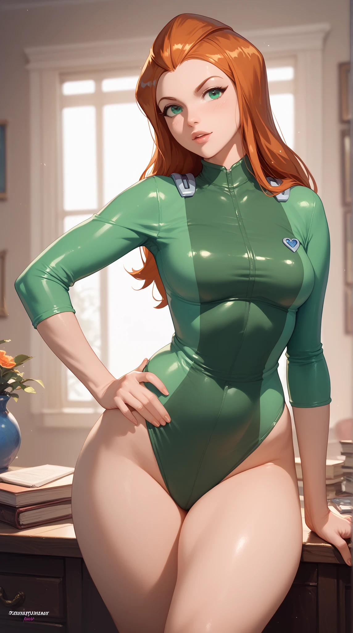 masterpiece, best quality, 1girl, solo, ass, nice ass, front view, standing, warm lighting, gigantic breasts, breast focus, boob window, ((arms behind back)), Detailed face, Detailed green eyes, Detailed face, green eyes, perfect eyes, perfect face, starfire, muscular, extremely muscular, flexing, tanned, tanned skin, front view, looking at viewer, purple latex leotard, latex leotard, red hair, indoors, inside fancy room, red wallpaper, smug face, smug grin, smug expression, arms behind back, latex skin, latexai_skin, inquiring expression, smirk, interested in viewer