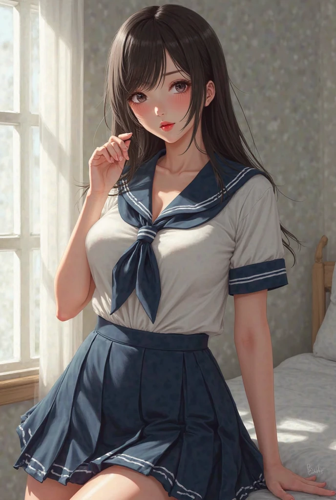 absurdres, RAW photo, extremely delicate and beautiful, masterpiece, Best Quality, ultra high resolution, 32k, hyperrealistic, ultra-detailed, detailed description, pale skin, 20 years old, tearful mole, earring, Colossal tits, short medium hair, wavy hair, full body shot, sailor uniform, school_uniform,