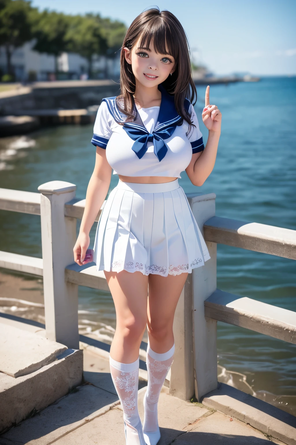 Highest quality, 8K quality, Masterpiece, Two busty women standing side by side, (Super big breasts compressed by clothes:1.2), Whitening skin, Sparkling Blue Eyes, Sailor collar uniform, (Pleated skirt), Above the knee, Skirtliftv1, (Booty stretched out and emphasized with hands:1.3), A frontal shot that emphasizes her huge breasts, (White panties), grabbing own ass