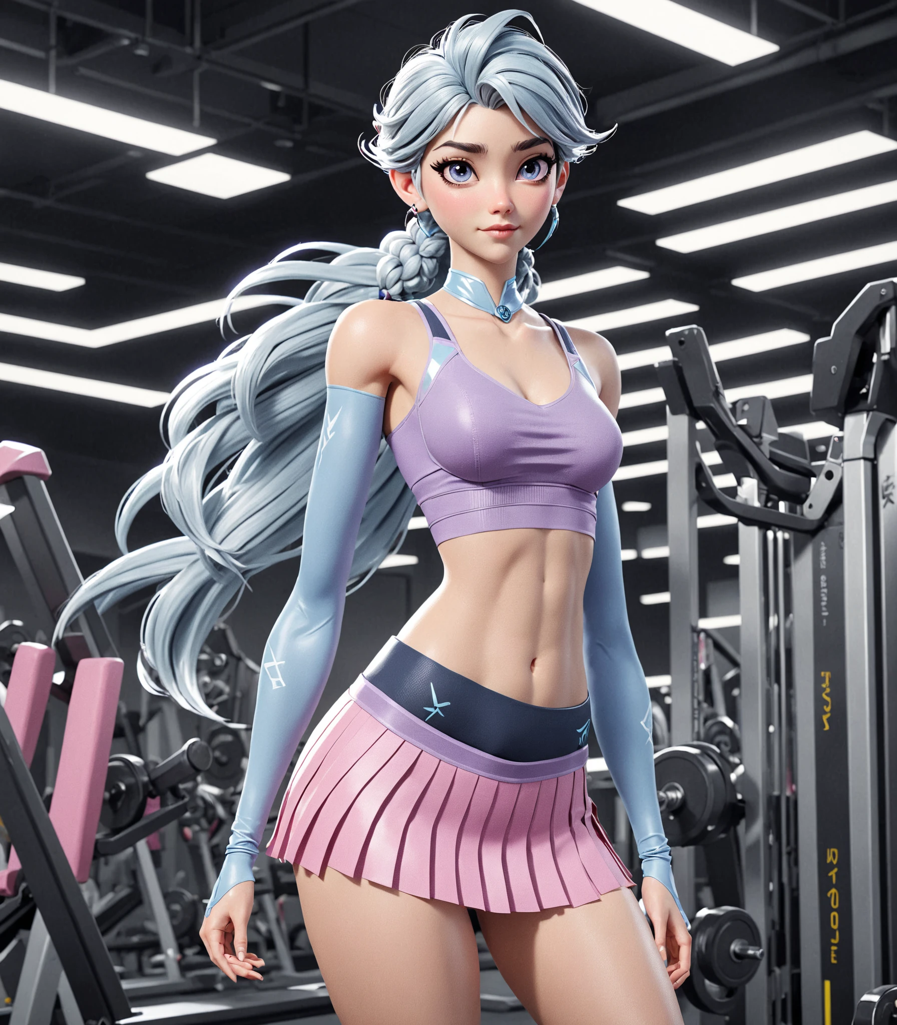 score_9, score_8_up, score_7_up, score_6_up, score_5_up, score_4_up, 1girl, seraphine (KDA), aqua hair, ponytail, gym clothes, cleavage, shorts