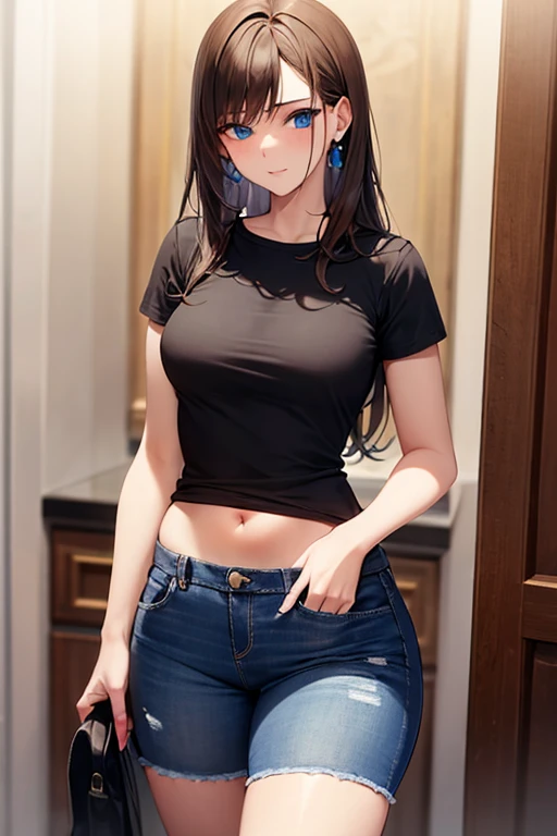 A 20 year old girl. Wearing bra and skin tight jeans below waist.