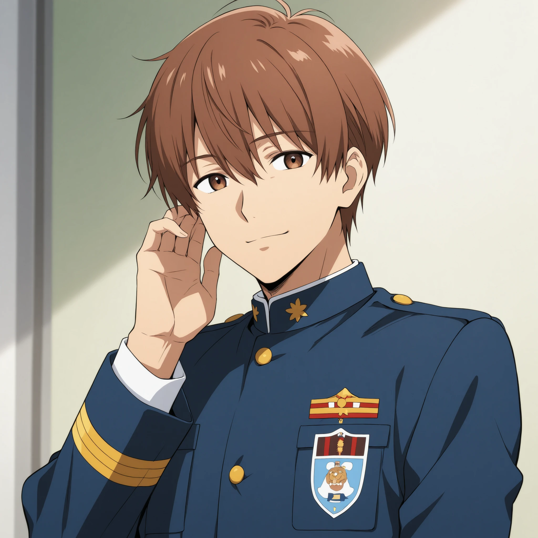 A brown-haired man in uniform with a kind face。With an anime-style touch